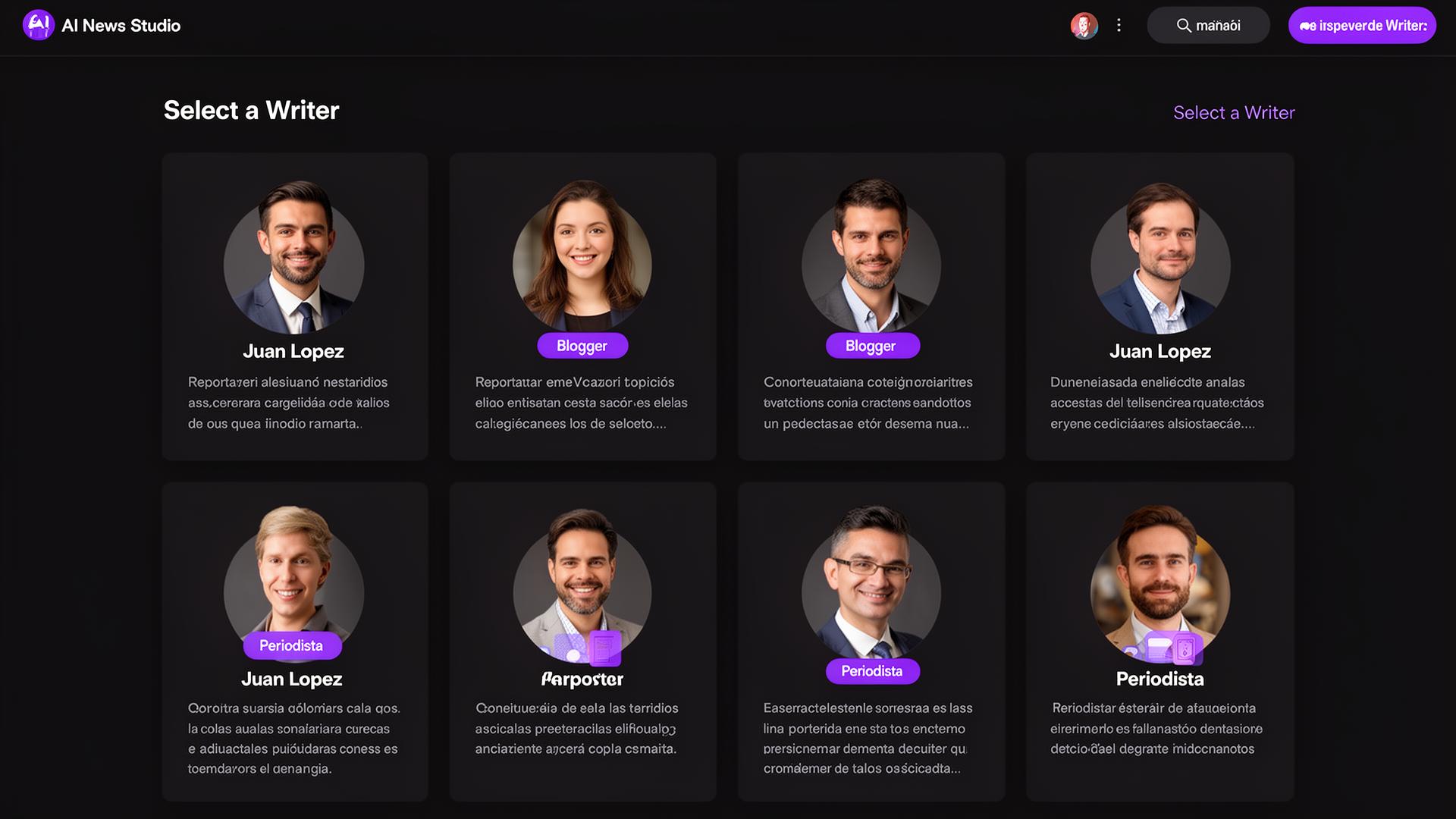 Seletor de escritor no AI News Studio